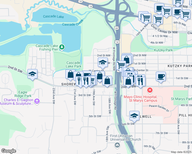 map of restaurants, bars, coffee shops, grocery stores, and more near 1829 1st Street Southwest in Rochester
