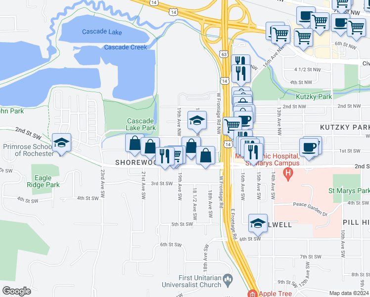 map of restaurants, bars, coffee shops, grocery stores, and more near 1825 West Center Street in Rochester