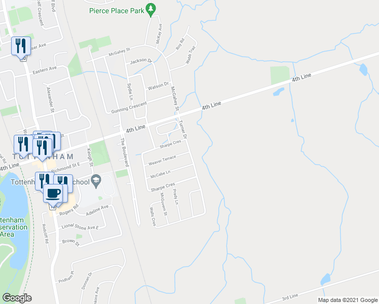 map of restaurants, bars, coffee shops, grocery stores, and more near Weaver Terrace in New Tecumseth