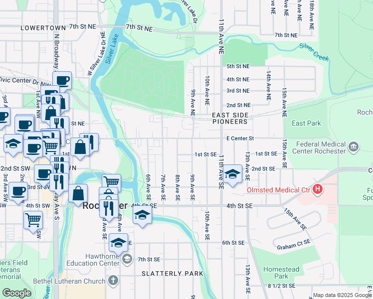 map of restaurants, bars, coffee shops, grocery stores, and more near 815 1st Street Southeast in Rochester