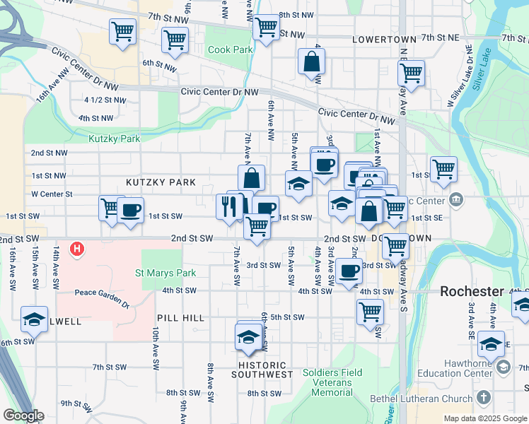 map of restaurants, bars, coffee shops, grocery stores, and more near 607 1st Street Southwest in Rochester