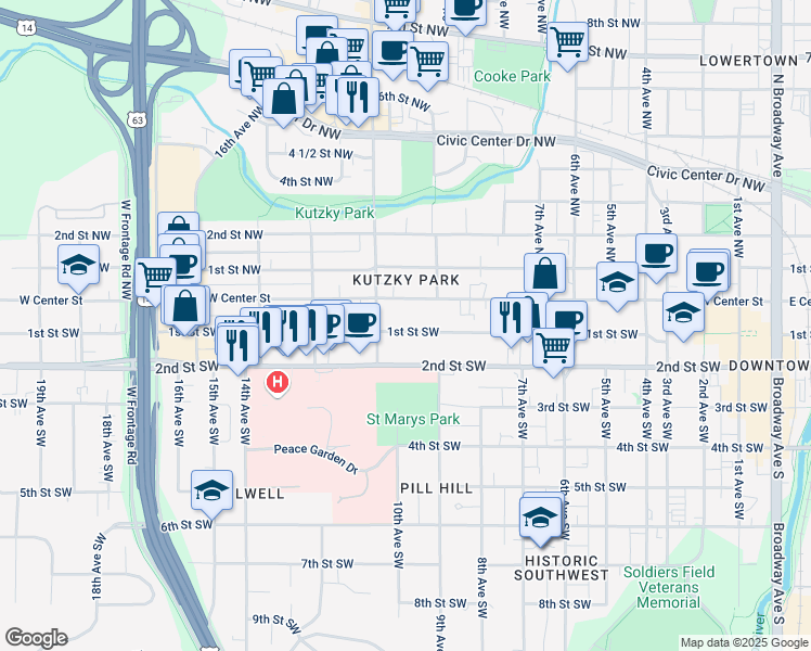 map of restaurants, bars, coffee shops, grocery stores, and more near 1001 1st Street Southwest in Rochester