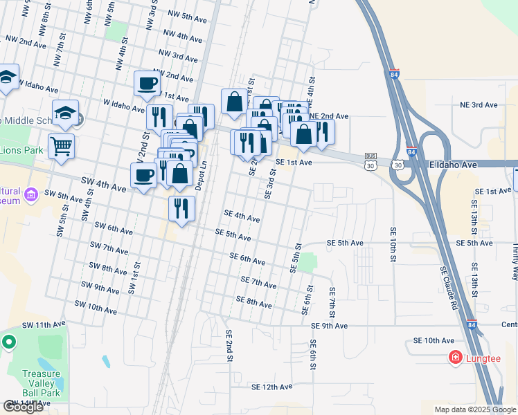map of restaurants, bars, coffee shops, grocery stores, and more near 260-296 Southeast 2nd Street in Ontario