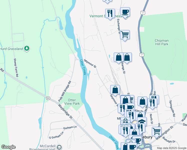 map of restaurants, bars, coffee shops, grocery stores, and more near 101A Seymour Street in Middlebury