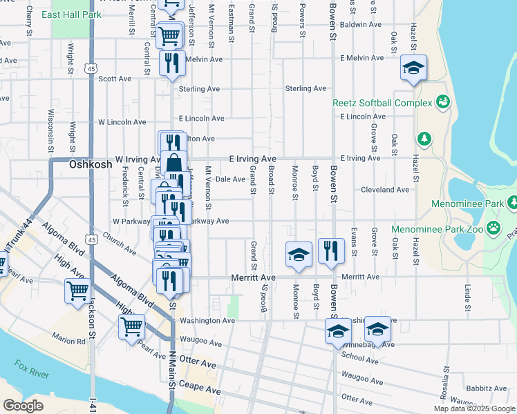 map of restaurants, bars, coffee shops, grocery stores, and more near 648 Broad Street in Oshkosh
