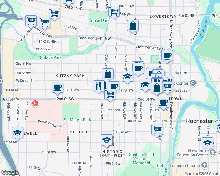 map of restaurants, bars, coffee shops, grocery stores, and more near 624 West Center Street in Rochester
