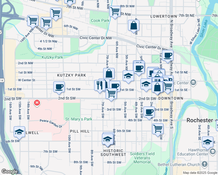 map of restaurants, bars, coffee shops, grocery stores, and more near 624 West Center Street in Rochester