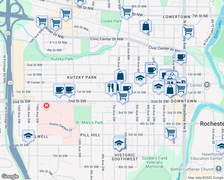 map of restaurants, bars, coffee shops, grocery stores, and more near 725 West Center Street in Rochester