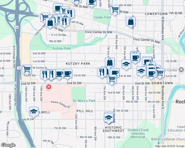 map of restaurants, bars, coffee shops, grocery stores, and more near 835 West Center Street in Rochester