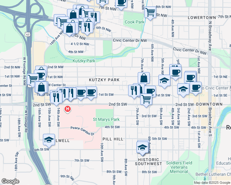 map of restaurants, bars, coffee shops, grocery stores, and more near 855 1st Street Southwest in Rochester