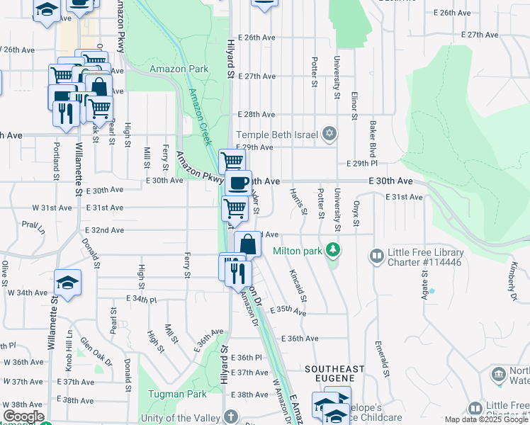 map of restaurants, bars, coffee shops, grocery stores, and more near 3090 Kincaid Street in Eugene