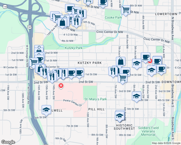 map of restaurants, bars, coffee shops, grocery stores, and more near 1016 West Center Street in Rochester