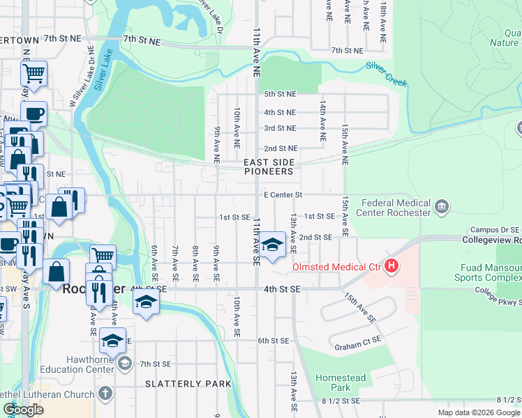 map of restaurants, bars, coffee shops, grocery stores, and more near 1115 East Center Street in Rochester