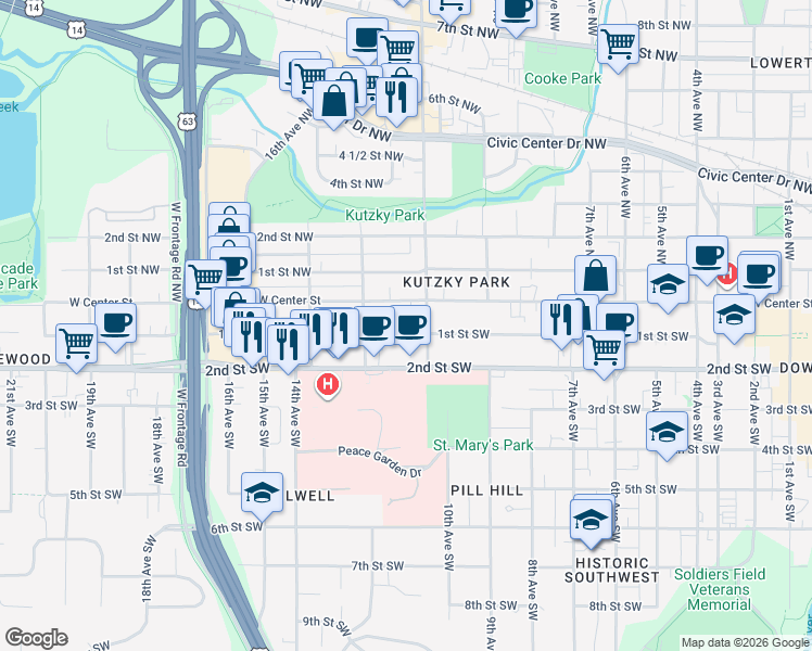 map of restaurants, bars, coffee shops, grocery stores, and more near 1117 1st Street Southwest in Rochester
