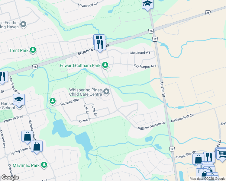 map of restaurants, bars, coffee shops, grocery stores, and more near 175 William Graham Drive in Aurora