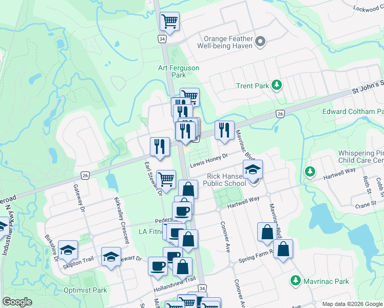 map of restaurants, bars, coffee shops, grocery stores, and more near 55 Burton Howard Drive in Aurora