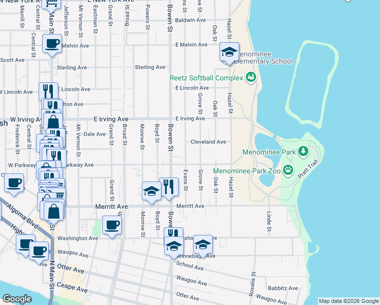 map of restaurants, bars, coffee shops, grocery stores, and more near 645 Cleveland Avenue in Oshkosh