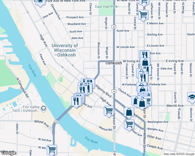 map of restaurants, bars, coffee shops, grocery stores, and more near 526 Church Avenue in Oshkosh