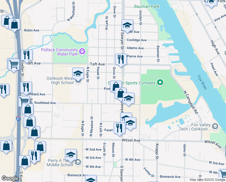 map of restaurants, bars, coffee shops, grocery stores, and more near 413 Dove Street in Oshkosh