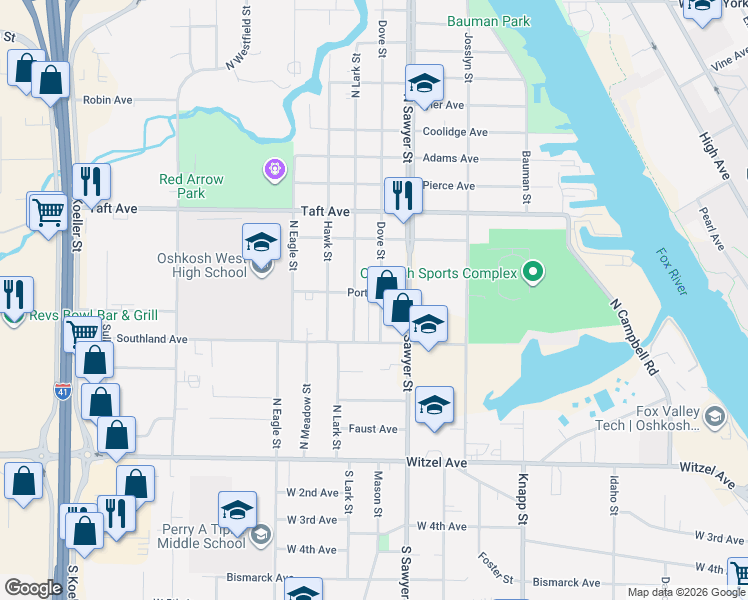 map of restaurants, bars, coffee shops, grocery stores, and more near 413 Dove Street in Oshkosh