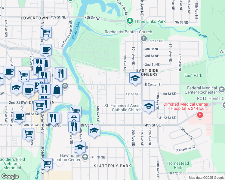 map of restaurants, bars, coffee shops, grocery stores, and more near 803 East Center Street in Rochester