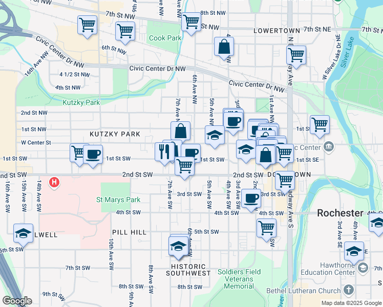 map of restaurants, bars, coffee shops, grocery stores, and more near 624 West Center Street in Rochester