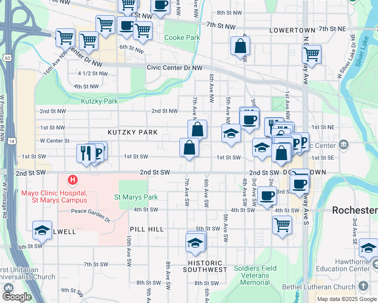 map of restaurants, bars, coffee shops, grocery stores, and more near 725 West Center Street in Rochester
