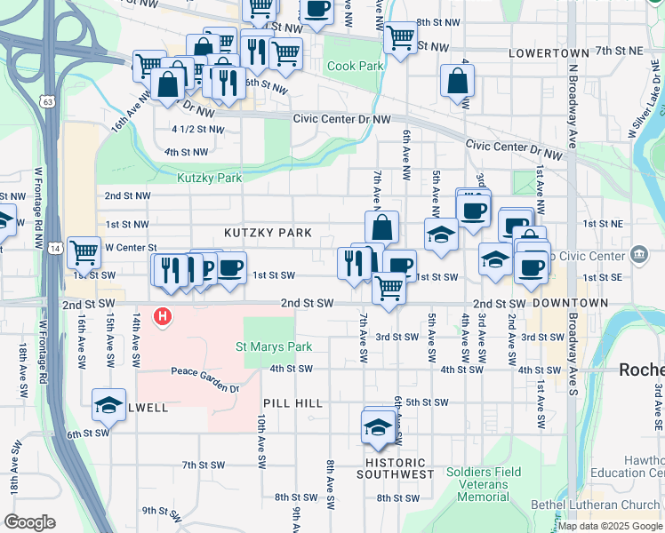 map of restaurants, bars, coffee shops, grocery stores, and more near 835 West Center Street in Rochester