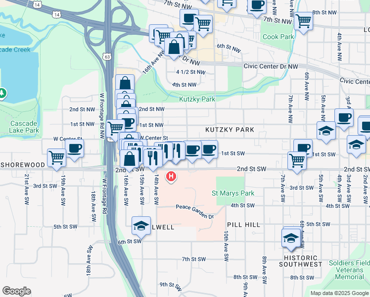 map of restaurants, bars, coffee shops, grocery stores, and more near 1149 West Center Street in Rochester