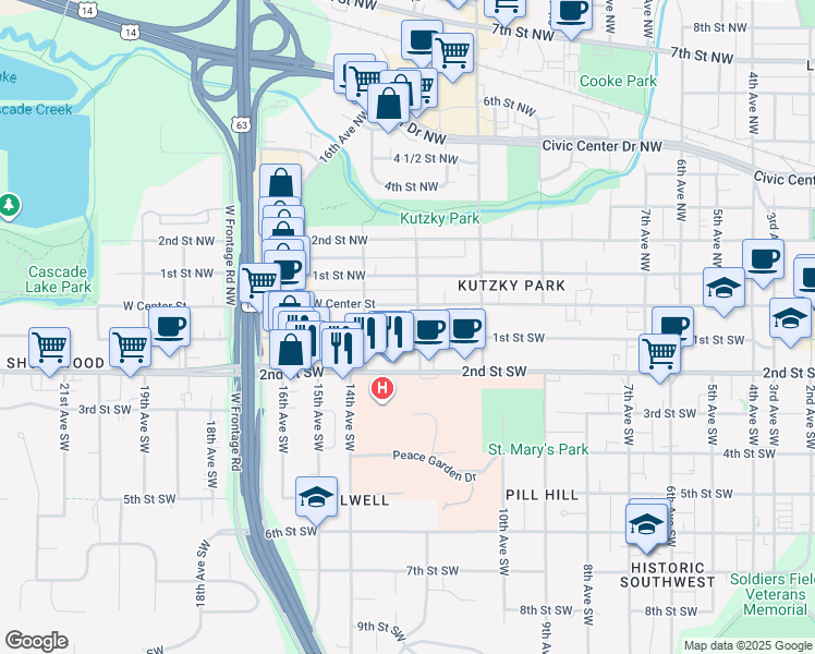 map of restaurants, bars, coffee shops, grocery stores, and more near 1225 West Center Street in Rochester