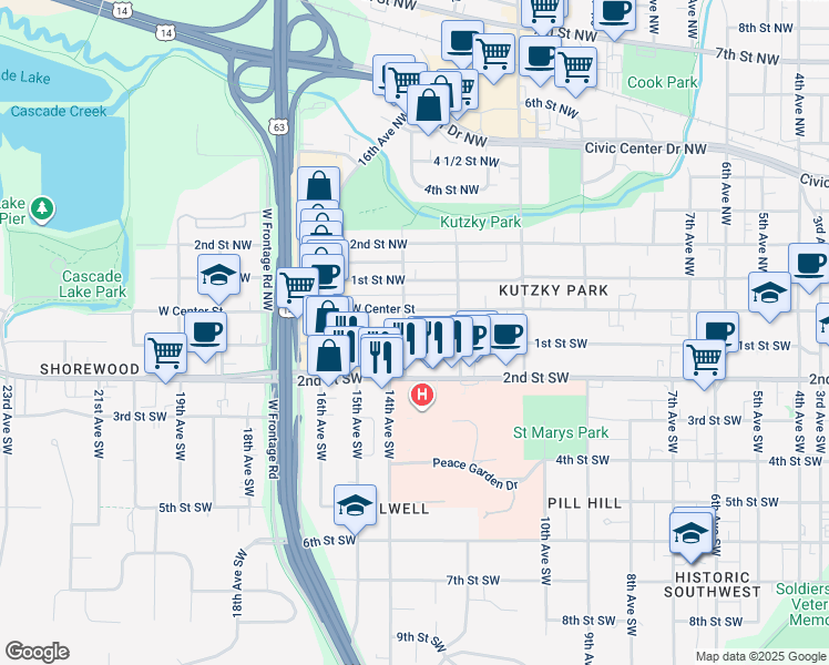 map of restaurants, bars, coffee shops, grocery stores, and more near 1225 West Center Street in Rochester