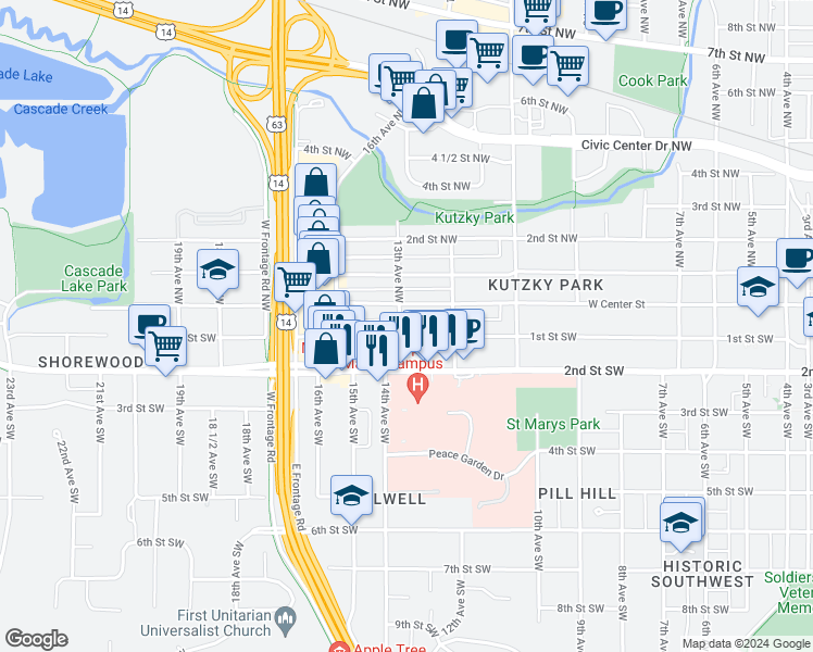 map of restaurants, bars, coffee shops, grocery stores, and more near 1225 West Center Street in Rochester