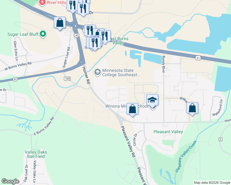 map of restaurants, bars, coffee shops, grocery stores, and more near 1310 Crocus Circle in Winona
