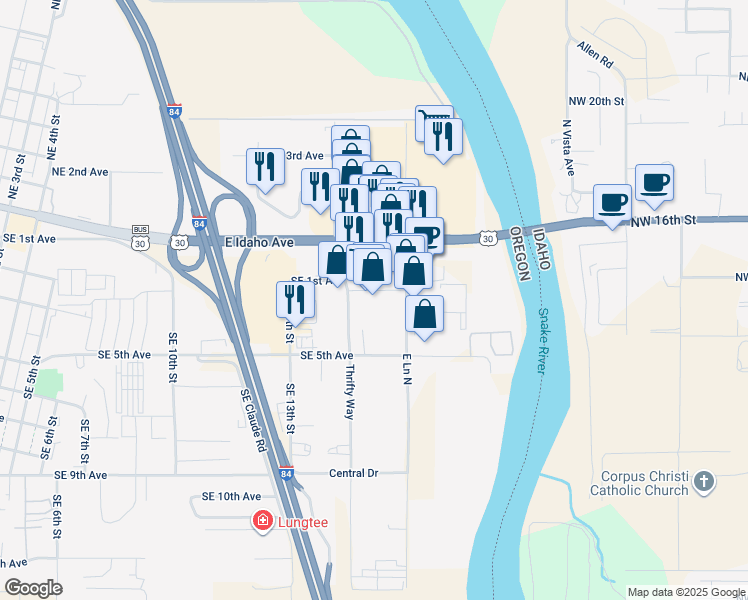 map of restaurants, bars, coffee shops, grocery stores, and more near 1648 East Idaho Avenue in Ontario