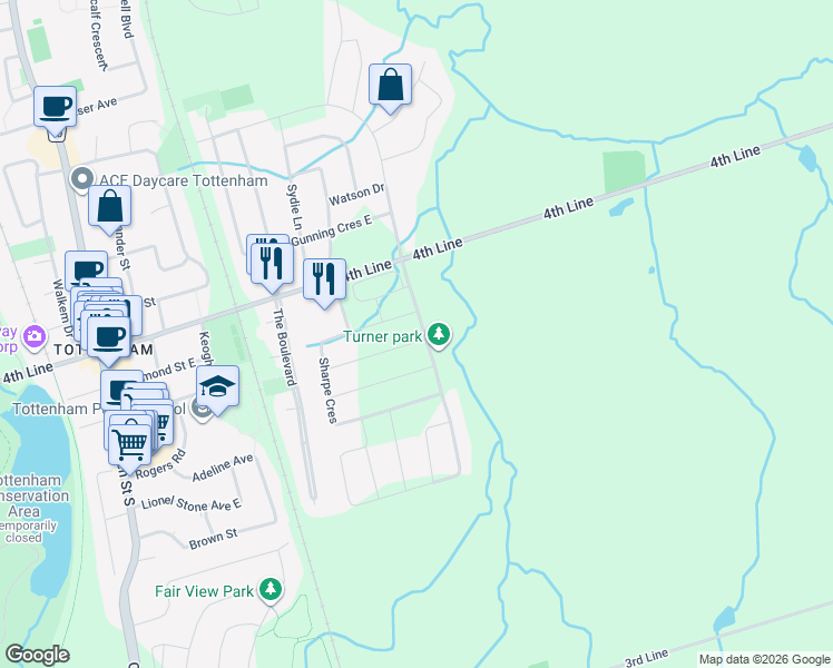 map of restaurants, bars, coffee shops, grocery stores, and more near 88 Clifford Crescent in New Tecumseth