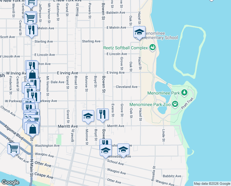 map of restaurants, bars, coffee shops, grocery stores, and more near 645 Cleveland Avenue in Oshkosh