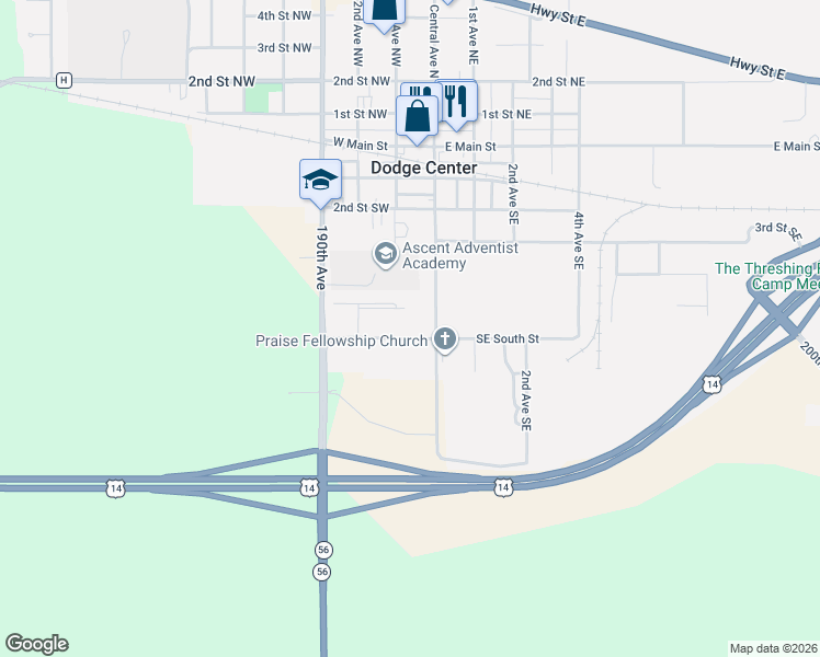 map of restaurants, bars, coffee shops, grocery stores, and more near 32 5th Street Southwest in Dodge Center
