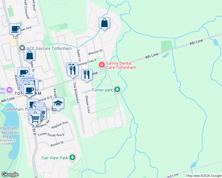 map of restaurants, bars, coffee shops, grocery stores, and more near 6 Weaver Terrace in New Tecumseth