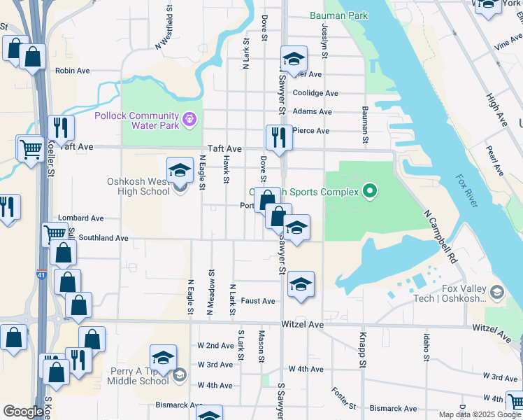 map of restaurants, bars, coffee shops, grocery stores, and more near 413 Dove Street in Oshkosh