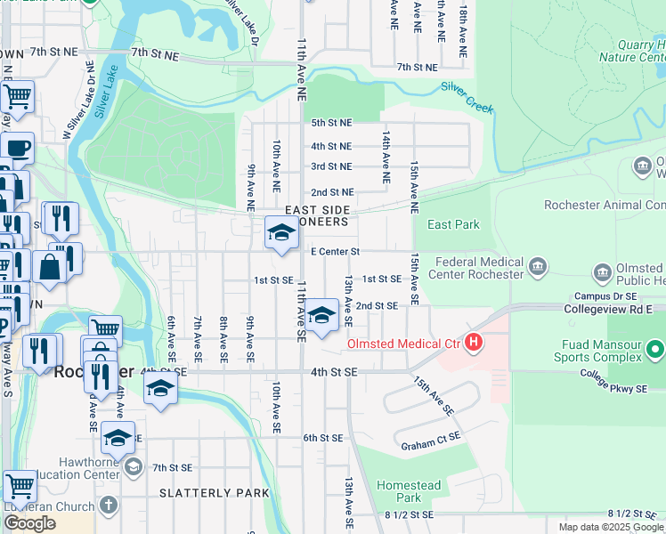 map of restaurants, bars, coffee shops, grocery stores, and more near 1115 East Center Street in Rochester