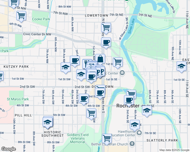 map of restaurants, bars, coffee shops, grocery stores, and more near 21 1st Street Southwest in Rochester