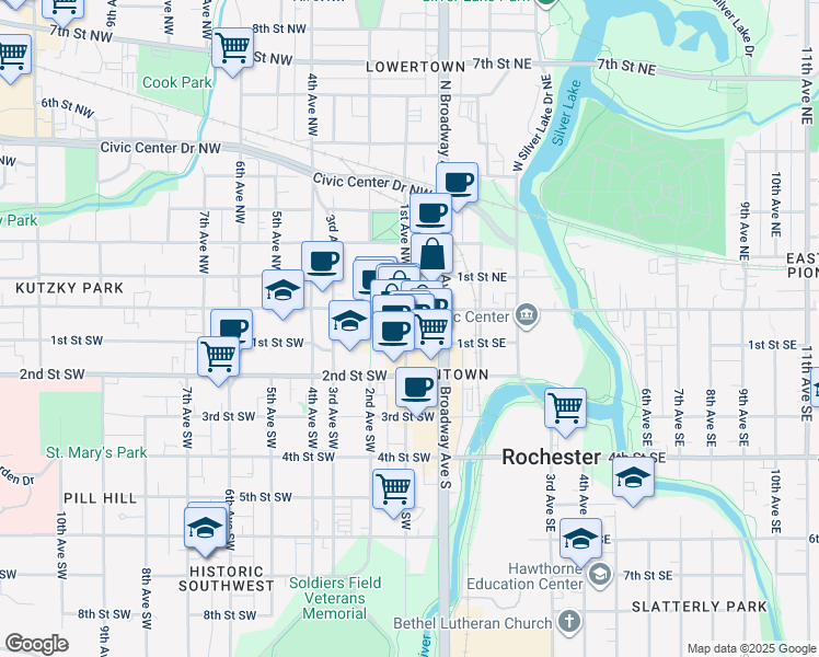 map of restaurants, bars, coffee shops, grocery stores, and more near 21 1st Street Southwest in Rochester