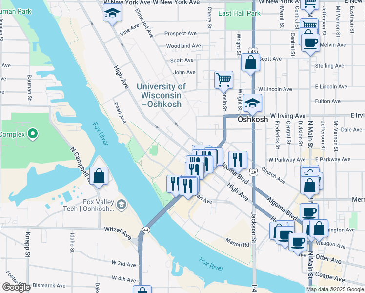 map of restaurants, bars, coffee shops, grocery stores, and more near 307 Osceola Street in Oshkosh