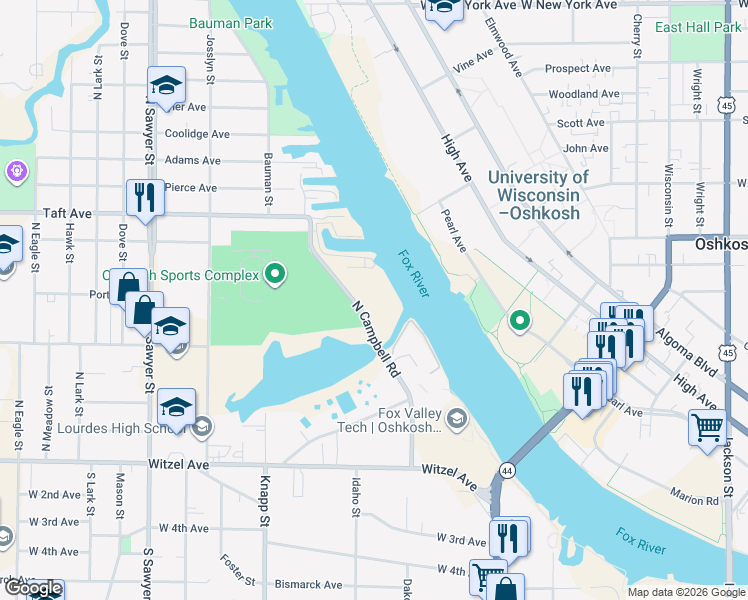 map of restaurants, bars, coffee shops, grocery stores, and more near 400 North Campbell Road in Oshkosh