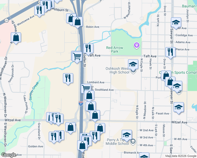 map of restaurants, bars, coffee shops, grocery stores, and more near 1770 Lombard Avenue in Oshkosh