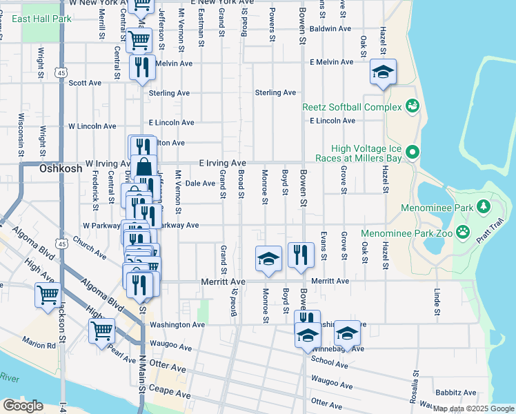 map of restaurants, bars, coffee shops, grocery stores, and more near 645 Monroe Street in Oshkosh