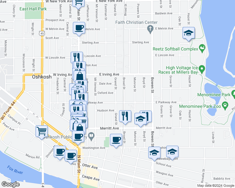 map of restaurants, bars, coffee shops, grocery stores, and more near 628 Grand Street in Oshkosh