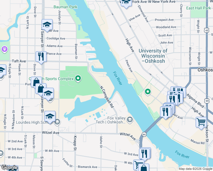 map of restaurants, bars, coffee shops, grocery stores, and more near 400 North Campbell Road in Oshkosh