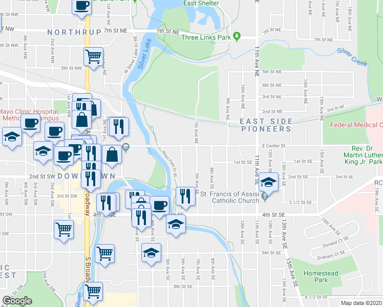 map of restaurants, bars, coffee shops, grocery stores, and more near None in Rochester