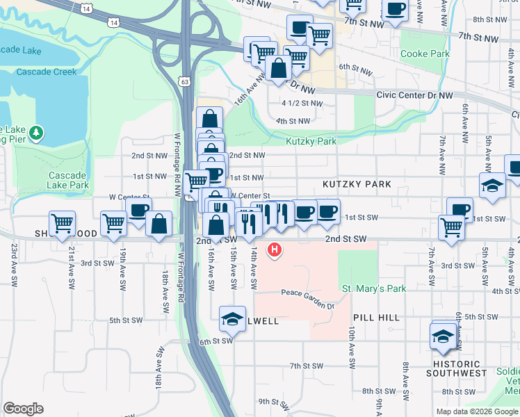 map of restaurants, bars, coffee shops, grocery stores, and more near 1308 West Center Street in Rochester